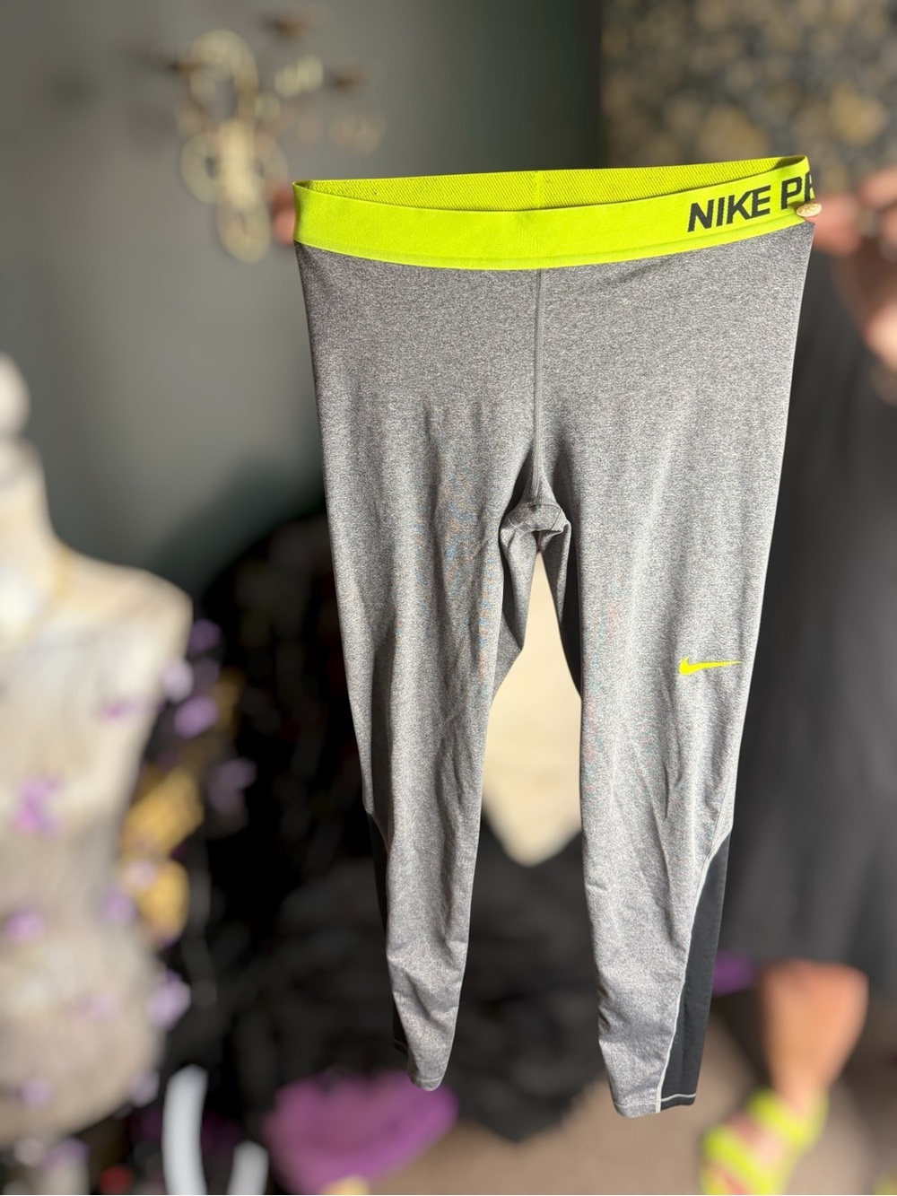 Nike Gray Capri Leggings with Neon Yellow Waistband